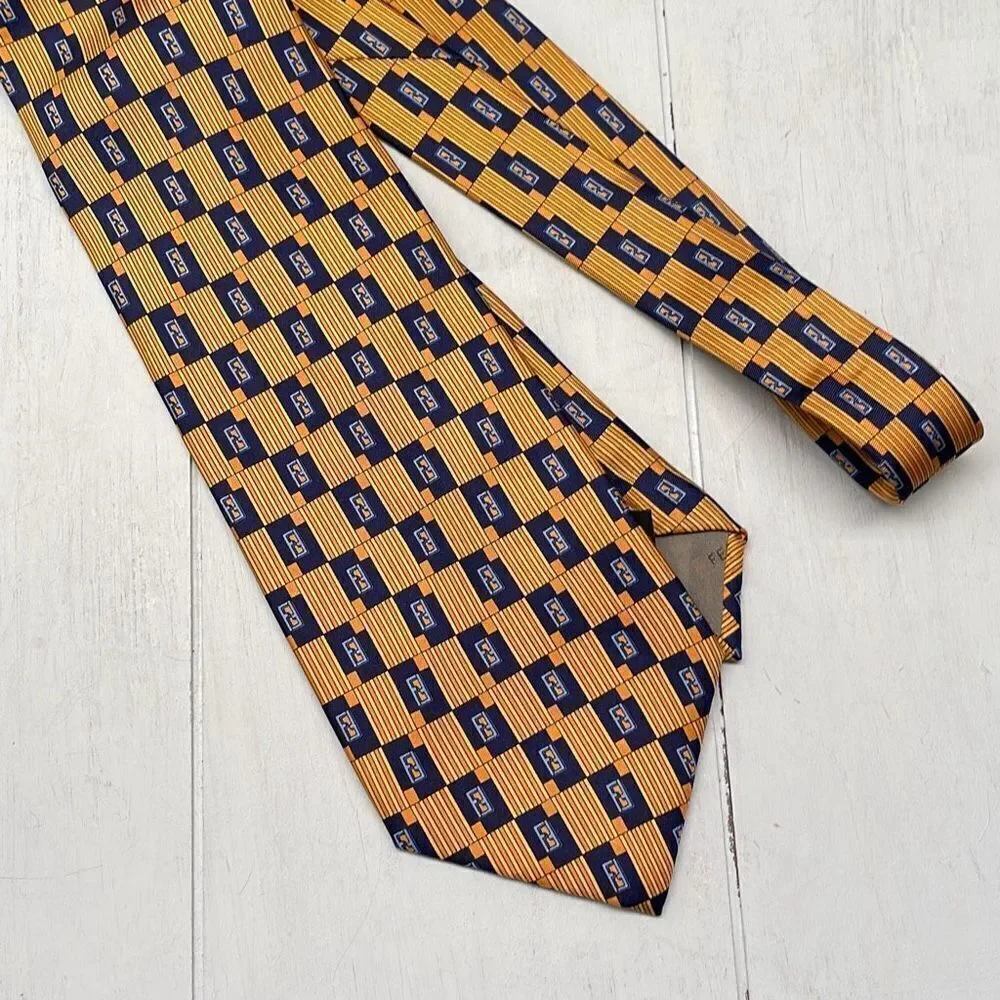 Fendi Silk Tie for Men Cravette Gold and Blue Handmade Made in Italy‎ W COA